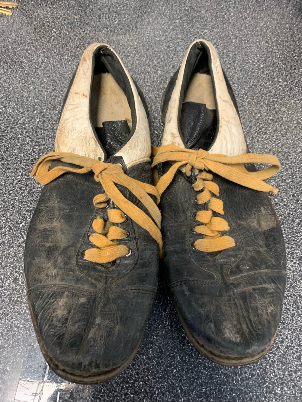 Vintage Black and White Leather Football Shoes with Mustard Laces
